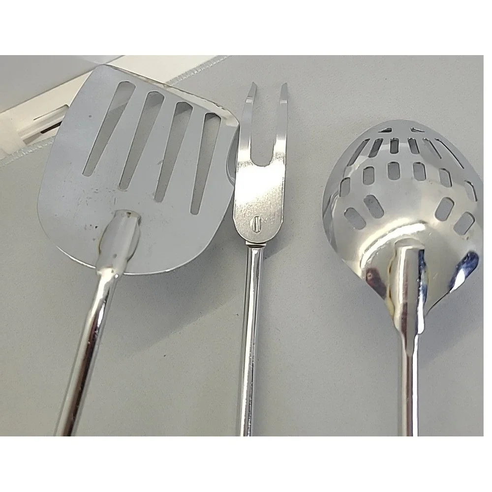 Vintage EKCO‎ Kitchen Utensil Set 3pc Cream Handle Spatula Fork Spoon USA